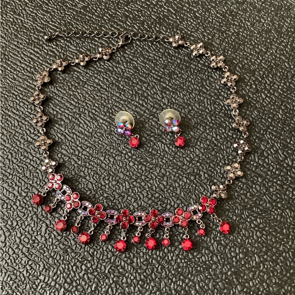 Red Rhinestone Choker Necklace w/ Earrings